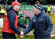 1 March 2020; Westmeath manager Shane O'Brien and Limerick manager John Kiely exchange a handshake after the Allianz Hurling League Division 1 Group A Round 5 match between Limerick and Westmeath at LIT Gaelic Grounds in Limerick. Photo by Diarmuid Greene/Sportsfile