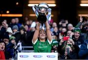 1 March 2020; Niamh McGrath of Sarsfields lifts the cup following the AIB All-Ireland Senior Camogie Club Championship Final match between Sarsfields and Slaughtneil at Croke Park in Dublin. Photo by Harry Murphy/Sportsfile