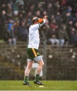 1 March 2020; Marcus Brennan of Meath shelters himself from the rain during the Allianz Football League Division 1 Round 5 match between Meath and Galway at Páirc Tailteann in Navan, Meath. Photo by Daire Brennan/Sportsfile