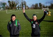 1 March 2020; Katie McCabe, left, and Ruesha Littlejohn following a Republic of Ireland Women training session at Johnstown House in Enfield, Co Meath. Photo by Stephen McCarthy/Sportsfile