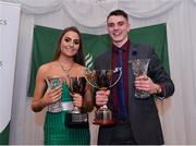 2 March 2020; Ava O'Connor of Tullamore Harriers AC, Offaly, with the Breda Synott Youth Nations Cup and Louis O'Loughlin of Donore Harriers, Dublin, with the Juvenile Committee Special Recognition Trophy during the Juvenile Star Awards 2019 at The Bridge Hotel in Tullamore, Offaly. Photo by Harry Murphy/Sportsfile