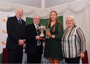 2 March 2020; Ciara Sheehy of Emerald AC, Limerick, is presented the Matt McGrath trophy by Chairperson of the Athletics Ireland Juvenile Committee John McGrath, Cyril Smyth and President of Athletics Ireland Georgina Drumm during the Juvenile Star Awards 2019 at The Bridge Hotel in Tullamore, Offaly. Photo by Harry Murphy/Sportsfile