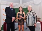 2 March 2020; Kirsti Charlotte Foster of Willowfield AC, Down, is presented her Star Award trophy by Chairperson of the Athletics Ireland Juvenile Committee John McGrath and President of Athletics Ireland Georgina Drumm during the Juvenile Star Awards 2019 at The Bridge Hotel in Tullamore, Offaly. Photo by Harry Murphy/Sportsfile