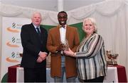 2 March 2020; Nelvin Appiah of Longford AC is presented his Star Award trophy by Chairperson of the Athletics Ireland Juvenile Committee John McGrath and President of Athletics Ireland Georgina Drumm during the Juvenile Star Awards 2019 at The Bridge Hotel in Tullamore, Offaly. Photo by Harry Murphy/Sportsfile