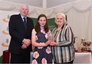 2 March 2020; Niamh O'Mahony of An Ríocht AC, Kerry, is presented her Star Award trophy by Chairperson of the Athletics Ireland Juvenile Committee John McGrath and President of Athletics Ireland Georgina Drumm during the Juvenile Star Awards 2019 at The Bridge Hotel in Tullamore, Offaly. Photo by Harry Murphy/Sportsfile