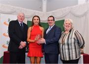 2 March 2020; Caoimhe Cronin of Le Chéile AC, Kildare, is presented her Star Award trophy by Chairperson of the Athletics Ireland Juvenile Committee John McGrath, Kieron Stout, and President of Athletics Ireland Georgina Drumm during the Juvenile Star Awards 2019 at The Bridge Hotel in Tullamore, Offaly. Photo by Harry Murphy/Sportsfile