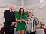 2 March 2020; Laura Frawley of St Mary's Limerick AC is presented her Star Award trophy by Chairperson of the Athletics Ireland Juvenile Committee John McGrath and President of Athletics Ireland Georgina Drumm during the Juvenile Star Awards 2019 at The Bridge Hotel in Tullamore, Offaly. Photo by Harry Murphy/Sportsfile