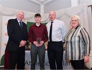 2 March 2020; Adam Turner of Belgooly AC, Cork, is presented his Star Award trophy by Chairperson of the Athletics Ireland Juvenile Committee John McGrath Athletics Ireland CEO Hamish Adams and President of Athletics Ireland Georgina Drumm during the Juvenile Star Awards 2019 at The Bridge Hotel in Tullamore, Offaly. Photo by Harry Murphy/Sportsfile