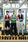 1 March 2020; Senior Mens high jump medalists, from left, Ciaran Connolly of Le Chéile AC, Kildare, David Cussen of Old Abbey AC, Cork and Geoffrey Joy O'Regan of Sun Hill Harriers AC, Limerick during Day Two of the Irish Life Health National Senior Indoor Athletics Championships at the National Indoor Arena in Abbotstown in Dublin. Photo by Eóin Noonan/Sportsfile