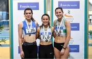 1 March 2020; Senior Womens 1500m medalists, from left, Claire Fagan of Mullingar Harriers AC, Westmeath, Saragh Buggy of St Abbans AC, Laois and Alana Frattaroli of Limerick AC, during Day Two of the Irish Life Health National Senior Indoor Athletics Championships at the National Indoor Arena in Abbotstown in Dublin.     Photo by Eóin Noonan/Sportsfile