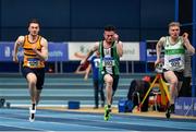 1 March 2020; Athletes, from left, Conor Morey of Leevale AC, Cork, Dean Adams of Ballymena and Antrim AC, and Sean O'Driscoll of Raheny Shamrock AC, Dublin, competing in the Senior Men's 60m event during Day Two of the Irish Life Health National Senior Indoor Athletics Championships at the National Indoor Arena in Abbotstown in Dublin. Photo by Sam Barnes/Sportsfile