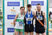1 March 2020; Senior Men's 1500m medallists, from left, Brian Fay of Raheny Shamrock AC, Dublin, silver, Andrew Coscoran of Star of the Sea AC, gold, and Eoin Pierce of Clonliffe Harriers AC, Dublin, bronze, during Day Two of the Irish Life Health National Senior Indoor Athletics Championships at the National Indoor Arena in Abbotstown in Dublin. Photo by Sam Barnes/Sportsfile