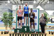 1 March 2020; Athletics Ireland President Georgina Drumm with Senior Men's 60m Hurdles medallists, from left, Shane Aston of Trim AC, Meath, silver, Gerard O'Donnell of Carrick-on-Shannon AC, Leitrim, gold, and Rolus Olusa of Clonliffe Harriers AC, Dublin, bronze, event during Day Two of the Irish Life Health National Senior Indoor Athletics Championships at the National Indoor Arena in Abbotstown in Dublin. Photo by Sam Barnes/Sportsfile