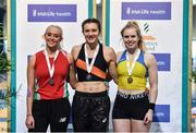 1 March 2020; Senior Women's Pole Vault medallists, from left, Ellen McCartney of City of Lisburn AC, Down, silver, Ariel Elizabeth Lieghio of Clonliffe Harriers AC, Dublin, gold, and Clodagh Walsh of Abbey Striders AC, Cork, bronze, event during Day Two of the Irish Life Health National Senior Indoor Athletics Championships at the National Indoor Arena in Abbotstown in Dublin. Photo by Sam Barnes/Sportsfile