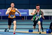 1 March 2020; Athletes, from left, Conor Morey of Leevale AC, Cork, and Dean Adams of Ballymena and Antrim AC, competing in the Senior Men's 60m event during Day Two of the Irish Life Health National Senior Indoor Athletics Championships at the National Indoor Arena in Abbotstown in Dublin. Photo by Sam Barnes/Sportsfile