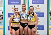 1 March 2020; Senior Women's 60m medallists, from left, Joan Healy of Leevale AC, Cork, silver, Ciara Neville of Emerald AC, Limerick, gold, and Phil Healy of Bandon AC, Cork, bronze, during Day Two of the Irish Life Health National Senior Indoor Athletics Championships at the National Indoor Arena in Abbotstown in Dublin. Photo by Sam Barnes/Sportsfile