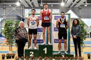 1 March 2020; Athletics Ireland President Georgina Drumm, left, and Liz Rowen, Head of Marketing for Irish life Health, with Senior Men's 400m medallists, from left, Andrew Mellon of Crusaders AC, Dublin, silver, Cathal Crosbie of Ennis Track AC, Clare, gold, and Brian Gregan of Clonliffe Harriers AC, Dublin, bronze, during Day Two of the Irish Life Health National Senior Indoor Athletics Championships at the National Indoor Arena in Abbotstown in Dublin. Photo by Sam Barnes/Sportsfile