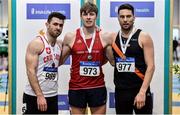 1 March 2020; Senior Men's 400m medallists, from left, Andrew Mellon of Crusaders AC, Dublin, silver, Cathal Crosbie of Ennis Track AC, Clare, gold, and Brian Gregan of Clonliffe Harriers AC, Dublin, bronze, during Day Two of the Irish Life Health National Senior Indoor Athletics Championships at the National Indoor Arena in Abbotstown in Dublin. Photo by Sam Barnes/Sportsfile