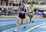 1 March 2020; Andrew Coscoran of Star of the Sea AC, left, and Brian Fay of Raheny Shamrock AC, Dublin, competing in the Senior Men's 1500m event during Day Two of the Irish Life Health National Senior Indoor Athletics Championships at the National Indoor Arena in Abbotstown in Dublin. Photo by Sam Barnes/Sportsfile