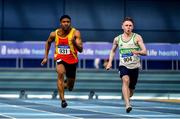 1 March 2020; Joseph Olalekan Ojemumi of Tallaght AC, Dublin, left, and Michael Farrelly of Raheny Shamrock AC, Dublin, competing in the Senior Men's 60m event during Day Two of the Irish Life Health National Senior Indoor Athletics Championships at the National Indoor Arena in Abbotstown in Dublin. Photo by Sam Barnes/Sportsfile