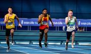 1 March 2020; Athletes, from left, Joe Gibson of Bandon AC, Cork, Joseph Olalekan Ojemumi of Tallaght AC, Dublin, and Michael Farrelly of Raheny Shamrock AC, Dublin, competing in the Senior Men's 60m event during Day Two of the Irish Life Health National Senior Indoor Athletics Championships at the National Indoor Arena in Abbotstown in Dublin. Photo by Sam Barnes/Sportsfile