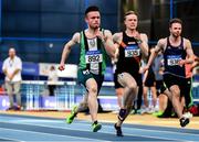 1 March 2020; Athletes, from left, Dean Adams of Ballymena and Antrim AC, Keith Pike of Clonliffe Harriers AC, Dublin and Connor Potts of University of Ulster Jordanstown, competing in the Senior Men's 60m event during Day Two of the Irish Life Health National Senior Indoor Athletics Championships at the National Indoor Arena in Abbotstown in Dublin. Photo by Sam Barnes/Sportsfile