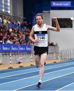 1 March 2020; John Travers of Donore Harriers, Dublin, celebrates on his way to winning the Senior Men's 3000m,  event during Day Two of the Irish Life Health National Senior Indoor Athletics Championships at the National Indoor Arena in Abbotstown in Dublin. Photo by Sam Barnes/Sportsfile
