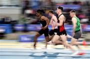 1 March 2020; Rolus Olusa of Clonliffe Harriers AC, Dublin, left, competing in the Senior Men's 60m Hurdles event during Day Two of the Irish Life Health National Senior Indoor Athletics Championships at the National Indoor Arena in Abbotstown in Dublin. Photo by Sam Barnes/Sportsfile