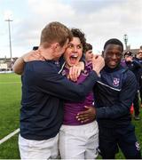 2 March 2020; Clongowes Wood College players, Steven Black, left, Rory Morrin, centre, and Charles Kedde following the Bank of Ireland Leinster Schools Senior Cup Semi-Final between Clongowes Wood College and St Vincent’s, Castleknock College, at Energia Park in Donnybrook, Dublin. Photo by Ramsey Cardy/Sportsfile