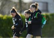 2 March 2020; Claire Walsh, right, Harriet Scott centre, and Chloe Mustaki arrive prior to a Republic of Ireland Women training session at Johnstown House in Enfield, Co Meath. Photo by Seb Daly/Sportsfile