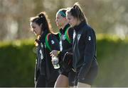 2 March 2020; Heather Payne, right, Ruesha Littlejohn, centre, and Niamh Farrelly arrive prior to a Republic of Ireland Women training session at Johnstown House in Enfield, Co Meath. Photo by Seb Daly/Sportsfile