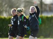 2 March 2020; Amber Barrett, right, Julie-Ann Russell, centre, and Clare Shine arrive prior to a Republic of Ireland Women training session at Johnstown House in Enfield, Co Meath. Photo by Seb Daly/Sportsfile