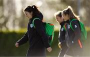 2 March 2020; Niamh Fahey, left, arrives prior to a Republic of Ireland Women training session at Johnstown House in Enfield, Co Meath. Photo by Seb Daly/Sportsfile