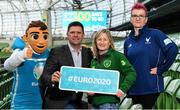 4 March 2020; FAI Interim Deputy CEO Niall Quinn joined ex Republic of Ireland Women’s international Olivia O’Toole as well as representatives from the UEFA EURO 2020 volunteers and mascot Skillzy to mark the ‘100 Days To Go’ milestone in Dublin today. Over 1,400 volunteers have already signed up and UEFA EURO 2020 are calling on the general public to be a part of the EURO 2020 City Volunteer Team here: https://euro2020.fai.ie/2020/02/27/be-part-of-euro-2020-city-volunteer-team/. In attendance at the launch are FAI Interim Deputy CEO Niall Quinn, centre, ex Republic of Ireland Women’s international Olivia O’Toole, official UEFA EURO 2020 mascot Skillzy, and UEFA EURO 2020 Volunteer Kasia Salek. Photo by Seb Daly/Sportsfile