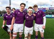 2 March 2020; Clongowes Wood College players, from left, Jack Kearney, Chris Grimes and Peter Maher following the Bank of Ireland Leinster Schools Senior Cup Semi-Final between Clongowes Wood College and St Vincent’s, Castleknock College, at Energia Park in Donnybrook, Dublin. Photo by Ramsey Cardy/Sportsfile