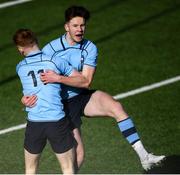 3 March 2020; Simon O'Kelly of St Michael’s College, right, congratulates team-mate Henry McErlean after he scored their side's first try during the Bank of Ireland Leinster Schools Senior Cup Semi-Final match between St Michael’s College and Newbridge College at Energia Park in Donnybrook, Dublin. Photo by Ramsey Cardy/Sportsfile