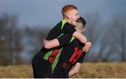 3 March 2020; Mark Birrane celebrates with his IT Carlow team-mate Danny Doyle, right, after scoring his side's first goal during the Rustlers CFAI Cup Final match between IT Sligo and IT Carlow at Athlone Town Stadium in Athlone, Co Westmeath. Photo by Stephen McCarthy/Sportsfile