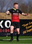 3 March 2020; Mark Birrane of IT Carlow celebrates after scoring his side's first goal during the Rustlers CFAI Cup Final match between IT Sligo and IT Carlow at Athlone Town Stadium in Athlone, Co Westmeath. Photo by Stephen McCarthy/Sportsfile