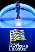3 March 2020; A detailed view of the UEFA Nations League Trophy prior to the 2020/21 UEFA Nations League Draw at Beurs van Berlage Conference Centre in Amsterdam, Netherlands. Photo by UEFA via Sportsfile