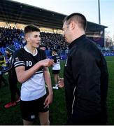 3 March 2020; Newbridge College head coach Johne Murphy and Sam Prendergast following the Bank of Ireland Leinster Schools Senior Cup Semi-Final match between St Michael’s College and Newbridge College at Energia Park in Donnybrook, Dublin. Photo by Ramsey Cardy/Sportsfile