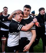 3 March 2020; Fintan O'Malley, left, and Geoff McNelis of Newbridge College celebrate following the Bank of Ireland Leinster Schools Senior Cup Semi-Final match between St Michael’s College and Newbridge College at Energia Park in Donnybrook, Dublin. Photo by Ramsey Cardy/Sportsfile