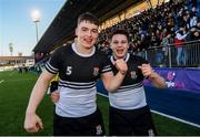 3 March 2020; Diarmuid Mangan, left, and Benjamin Watson of Newbridge College celebrate following the Bank of Ireland Leinster Schools Senior Cup Semi-Final match between St Michael’s College and Newbridge College at Energia Park in Donnybrook, Dublin. Photo by Ramsey Cardy/Sportsfile