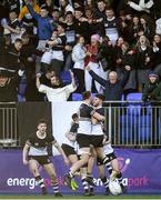 3 March 2020; Donough Lawlor, left, and Sam Cahill of Newbridge College celebrate at the final whistle of the Bank of Ireland Leinster Schools Senior Cup Semi-Final match between St Michael’s College and Newbridge College at Energia Park in Donnybrook, Dublin. Photo by Ramsey Cardy/Sportsfile