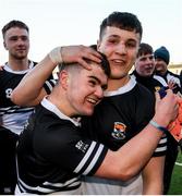 3 March 2020; Fintan O'Malley, left, and Geoff McNelis of Newbridge College celebrate following the Bank of Ireland Leinster Schools Senior Cup Semi-Final match between St Michael’s College and Newbridge College at Energia Park in Donnybrook, Dublin. Photo by Ramsey Cardy/Sportsfile
