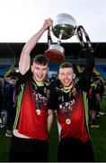 3 March 2020; Adam Steed, left, and Shane Martin of IT Carlow celebrate following the Rustlers CFAI Cup Final match between IT Sligo and IT Carlow at Athlone Town Stadium in Athlone, Co Westmeath. Photo by Stephen McCarthy/Sportsfile