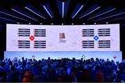 3 March 2020; A general view of a screen showing the groups for Leagues A & B following the 2020/21 UEFA Nations League Draw at Beurs van Berlage Conference Centre in Amsterdam, Netherlands. Photo by UEFA via Sportsfile