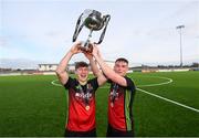 3 March 2020; IT Carlow's Shane Barnes and Danny Doyle, right, celebrate following the Rustlers CFAI Cup Final match between IT Sligo and IT Carlow at Athlone Town Stadium in Athlone, Co Westmeath. Photo by Stephen McCarthy/Sportsfile