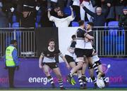 3 March 2020; Donough Lawlor, left, and Sam Cahill of Newbridge College celebrate at the final whistle of the Bank of Ireland Leinster Schools Senior Cup Semi-Final match between St Michael’s College and Newbridge College at Energia Park in Donnybrook, Dublin. Photo by Ramsey Cardy/Sportsfile