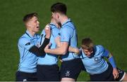 3 March 2020; Henry McErlean celebrates with St Michael’s College team-mates after scoring his side's first try during the Bank of Ireland Leinster Schools Senior Cup Semi-Final match between St Michael’s College and Newbridge College at Energia Park in Donnybrook, Dublin. Photo by Ramsey Cardy/Sportsfile