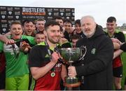 3 March 2020; CFAI Chairman Joe O'Brien presents the trophy to IT Carlow captain Jason Murphy and his team-mates following the Rustlers CFAI Cup Final match between IT Sligo and IT Carlow at Athlone Town Stadium in Athlone, Co Westmeath. Photo by Stephen McCarthy/Sportsfile